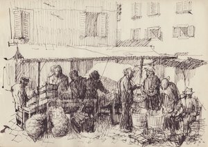 Piaci jelenet, Olaszország, 1950. alkotó: Shirley Markham