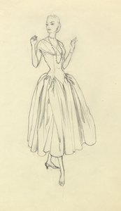 Nő keskeny derekú ruhában, c1952. alkotó: Shirley Markham