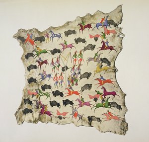 Bivalyvadászat (pigment a jávorszarvas bőrén) alkotó: Shoshone Katsikodi School