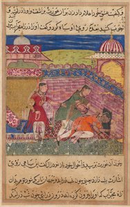 Oldal a Papagáj meséiből Tuti-nama: Nyolcadik éjszaka: Az álnok feleség kidobja..., 1558-1560. alkotó: Shravana
