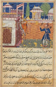 Oldal a Papagáj meséiből Tuti-nama: Nyolcadik éjszaka: Az álnok feleség visszatér..., 1558-1560. alkotó: Shravana