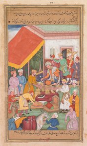 Timur unokájától, Multán hercegétől osztogat ajándékokat egy Zafar-nama..., 1598-1600 között. alkotó: Shravana