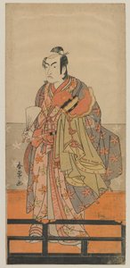 Kabuki színész, Ichikawa Monnosuke II. Gagaku táncos sisakot és köntöst tart a kezében, Edo-korszak, 1780-as évek (színes fanyomat) alkotó: Shunjo
