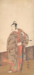 A színész Ichikawa Danjuro V egy házban és egy engawa előtt áll, kb. 1772. alkotó: Shunsho