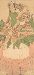 A negyedik Ichikawa Danjuro Yakko szolgaként egy nagy mochi tortán ül..., 1772. alkotó: Shunsho