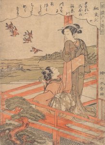 Két fiatal nő a verandán liléket néz, kb. 1770. alkotó: Shunsho