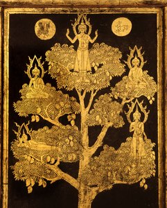 Kéziratos szekrény hátsó panelje buddhista jelenetekkel, valószínűleg késő Ayutthaya korszakból (lakkozott és aranyozott fa)