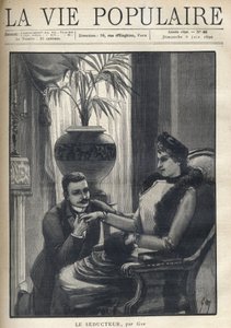 Egy térden álló férfi egy elegáns nő kezét fogja, egy polgári nappaliban ül, kabátot, ujjat és szőrmesálat visel. Illusztráció: Le Seducteur par Gyp (Sibylle Gabrielle Marie Antoinette Riquetti de Mirabeau, Martel d grófnője
