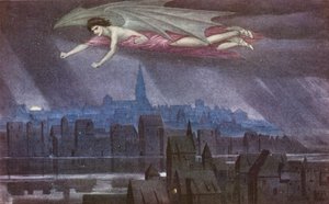 Az arany legenda: Lucifer repül a város felett (színes litográfia) alkotó: Sidney Meteyard