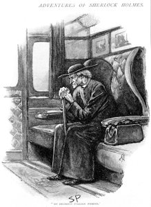 Arthur Conan Doyle The Adventure of the Final Problem Strand Magazine, London, 1893. Illusztrálta: Sidney E. Paget (1860-1908), az első művész, aki Holmest rajzolta. Holmes régi olasz papként várja, hogy a londoni Victoria pályaudvarról kiszálljon a Boat T