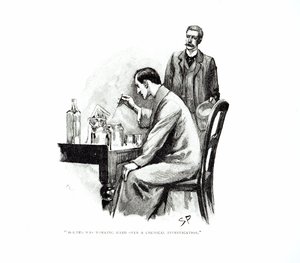 „Holmes keményen dolgozott egy vegyi vizsgálaton”, illusztrációja a „The Naval Szerződéshez”, Arthur Conan Doyle (1859-1930), megjelent a „Strand Magazine”-ban, 1893 októberében és novemberében.