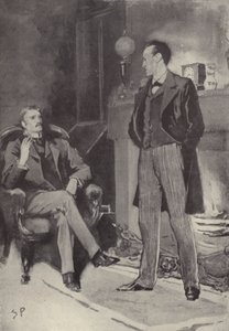 Aztán a tűz mellé állt: jelenet a Sherlock Holmes-rejtélyből: A botrány Bohémiában, Arthur Conan Doyle (litho)