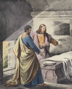 Péter és János a sírnál: „Feltámadott” (színes metszet) alkotó: Siegfried Detler Bendixen
