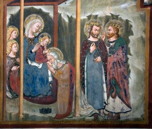 A Sienai Iskola Magi Freskójának imádása. 14. század. Szűz kápolna. Szent Benedetto kolostor (Sacro Speco), Subiaco (Róma), Olaszország