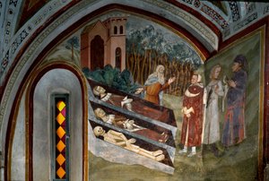 Halottak találkozása élőkkel A sienai iskola freskójának részlete. 14. század. Szent Benoit kolostor (Sacro Speco), lépcsőház, Subiaco (Róma), Olaszország