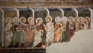 Thomas Fresco apostol hitetlensége a sienai iskolából. 14. század. Felsőbbrendű templom. Szent Benedetto kolostor (Sacro Speco), Subiaco (Róma), Olaszország