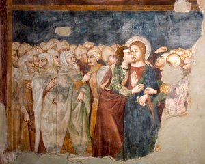 A sienai iskola Júdás Freskójának csókja. 14. század. Felsőbbrendű templom. Szent Benedetto kolostor (Sacro Speco), Subiaco (Róma), Olaszország
