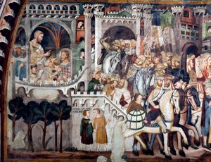 A felsőtemplomot díszítő freskó részlete, amely Montee-t ábrázol a Kálvárián: bal oldalon Jézus Poncius Pilátus előtt. A sienai iskola valósította meg a 14. század elejétől. Szent Benedetto kolostor (Sacro Speco), Su