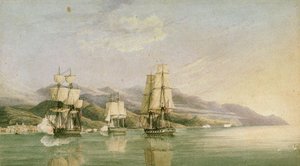 Tizennyolc francia kereskedelmi hajóból álló konvoj megtámadása Laigrelia és Alassio kikötőjében, 1812. június 27., 19. század eleje (toll, tus, grafit, akvarell) alkotó: Silas Thomson (attr.to) Hood