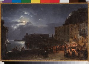 A Santa Lucia rakpart Nápolyban (Olaszország), egy telihold éjszakáján. Szilveszter Feodosijevics Scsedrin (Szilveszter Scsedrin) (1791-1830) festménye, olaj, vászon