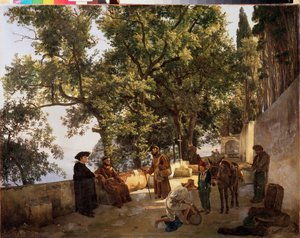 Terasz a parton, Sorrento közelében (Sorrento, Olaszország) (Kapucinus szerzetesek beszélgetnek, és egy férfi kis hordókkal megrakja a szamarát) - Terasz a tengerparton, Cappuccini Sorrento közelében - Szilveszter Feodosijevics Scsedrin festménye (Sylv