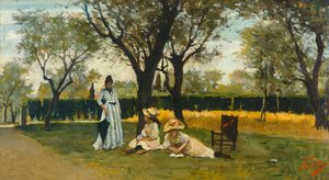 Poggio Piano villájában, Silvestro Lega (1826-1895), olaj, panel, 34x60,5 cm