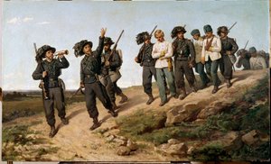 Az 1859-es olasz hadjárat epizódja: „” Osztrák hadifoglyok bersaglierekkel (bersaglieri) körülvéve”” Silvestro Lega (1826-1895) festménye 1861 V. 57,5 x 95 cm Firenze, Galleria d