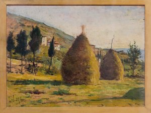 Haystacks in the Sun, 1890 körül (olaj a fedélzeten) alkotó: Silvestro Lega