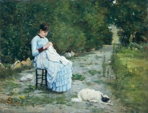 Kertben, Silvestro Lega (1826-1895), olaj, panel, 29x38 cm alkotó: Silvestro Lega