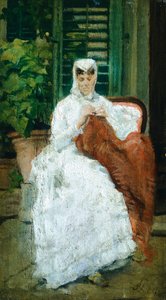 Hölgyvarró, Silvestro Lega (1826-1895), Olaj, panel, 27,5x15,5 cm alkotó: Silvestro Lega