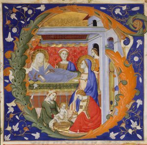 Kéziratos megvilágítás a Szűz születésével G kezdőbetűvel, graduálból, olasz, kb. 1 alkotó: Silvestro dei Gherarducci