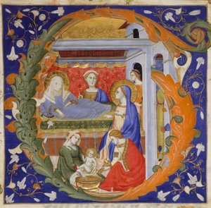 Kéziratos megvilágítás a Szűz születésével, G kezdőbetűvel, Graduálból, kb. 1375. alkotó: Silvestro dei Gherarducci
