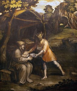 Az ördög elveszi a szent könyveket, és világi könyvekkel helyettesíti; Simao Rodrigues festménye (1560-1629); (Az ördög elveszi a szent könyveket, és világi könyvekkel helyettesíti; Simao Rodrigues festménye alkotó: Simao Rodrigues