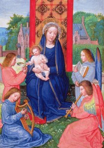 Pl. 2125 f.157v Madonna és gyermek hangszeren játszó angyalokkal, Ghistelles Joanna óráiból, 1516 körül (vellum) alkotó: Simon (attr. to) Bening
