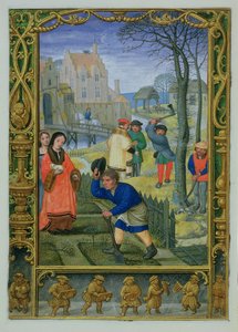 24098 f.20v március hozzáadása: Kertészkedés és fák kivágása az Órakönyvből vagy a Golf Bookból, 1520-30 körül (vellum)