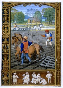 Hozzáadás. 24098, f.26v Szeptember: Szántás és vetés, az órakönyvből vagy a Golfkönyvből, 1520-30 körül (vellum)