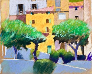 Roquebrun Homlokzatok (pasztell, papír) alkotó: Simon Fletcher