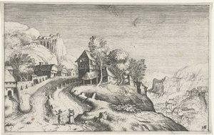 Falu hegyi tájon Különböző tájak (sorozat címe) Topographia variarum regionum (sorozat címe) alkotó: Simon Frisius (attributed to)