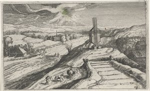 Dombos táj szélmalommal Különböző tájak (sorozat címe) Topographia variarum regionum (sorozat címe) alkotó: Simon Frisius (attributed to)