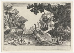 Erdei táj egy kereszt az ösvény mentén Dél-európai tájak (sorozat címe) Topographia variarum regionum (sorozat címe) alkotó: Simon Frisius