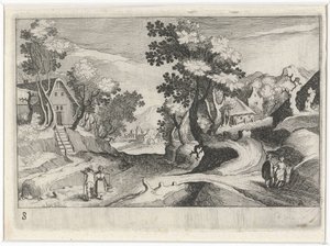 Erdős dombos táj épületekkel és alakokkal Dél-európai tájak (sorozat címe) Topographia variarum regionum (sorozat címe) alkotó: Simon Frisius
