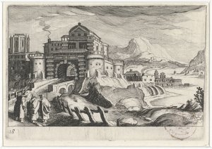 Emmäus emberek a város kapuja előtt egy hegyi tájon Dél-európai tájak (sorozat címe) Topographia variarum regionum (sorozat címe) alkotó: Simon Frisius