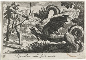 Herkules megöli Ladon sárkányt Hesperidum mala fert aurea (cím a tárgyon) Herkulesi témák (sorozat címe)