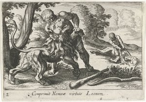 Herkules a nemeai oroszlán ellen harcol Comprimit Nemeae virtute Leonem (cím a tárgyon) Herkulesi témák (sorozat címe)