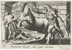 Hercules temt de paarden van Diomedes Diomédész király lovakkal (cím a tárgyon) Herculische téma (sorozat címe) alkotó: Simon Frisius