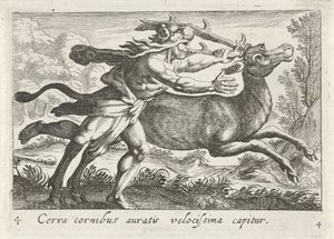 Hercules vangt de Hind van Cerynea Nagyon gyorsan elkapnak egy aranyszarvú szarvast (cím a tárgyon) Herculische téma (sorozat címe)