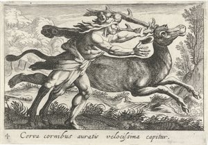 Hercules vangt de Hind van Cerynea Nagyon gyorsan elkapnak egy aranyszarvú szarvast (cím a tárgyon) Herculische téma (sorozat címe)