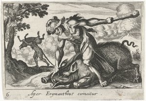 Herkules elfogja Erymanthus disznóit Aper Erymanthius evincitur (cím a tárgyon) Herkulesi témák (sorozat címe)