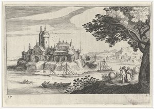 Dombos táj kastéllyal a szigeten Dél-európai tájak (sorozat címe) Topographia variarum regionum (sorozat címe) alkotó: Simon Frisius