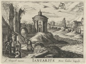 január Ianuarius (cím a tárgyon) Tizenkét hónap (sorozat címe) alkotó: Simon Frisius